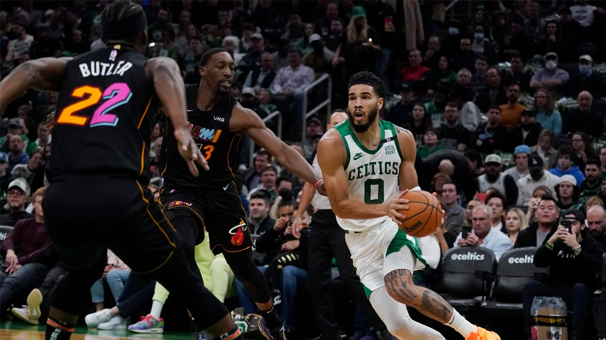 Boston Celtics' Jayson Tatum vs Miami Heat's Bam Adebayo and Jimmy Butler